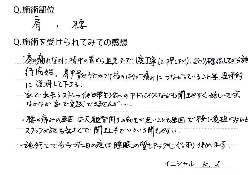 肩凝・腰痛にお悩みのK.Iさん